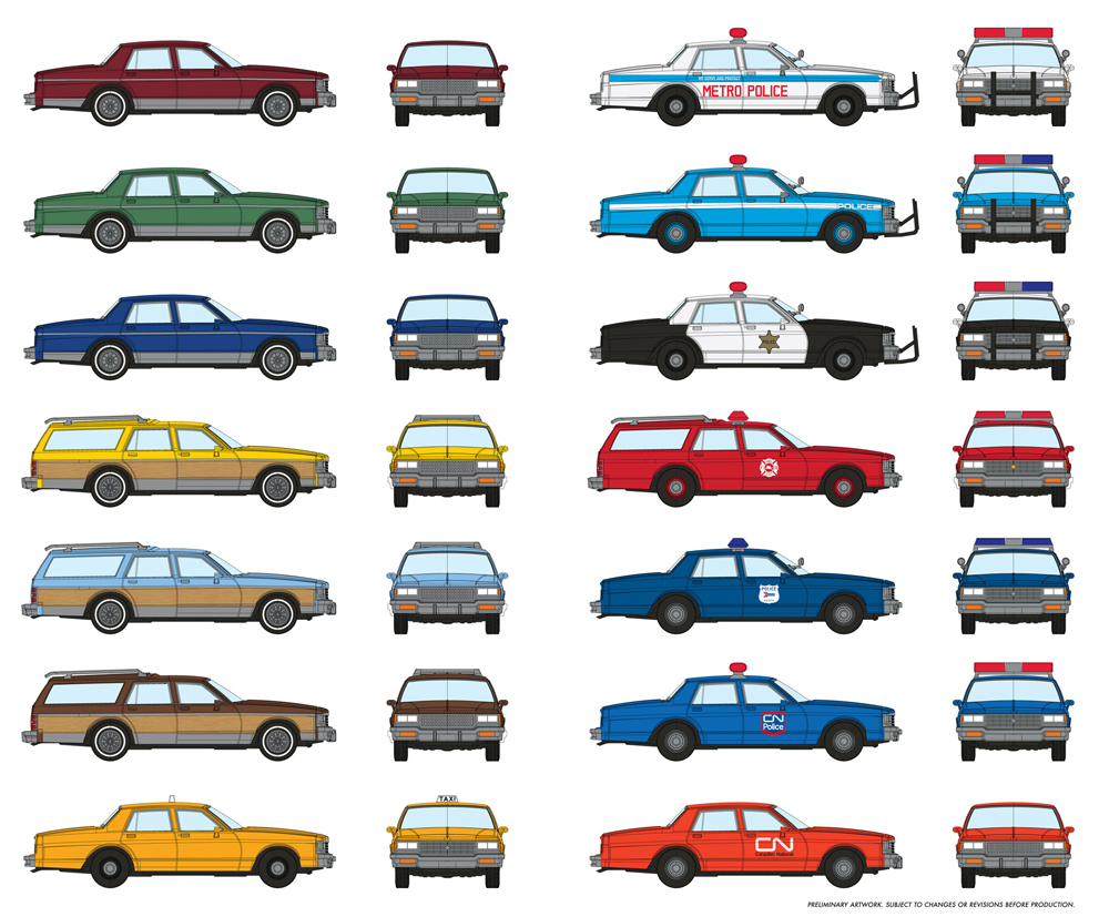 Chevrolet Caprice Sedan, Caprice Estate Wagon, Impala Sedan, Impala Emergency Vehicles, and Impala Railroad Vehicles in different colors.