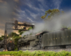 Two steam locomotives pulling freight trains pass each other beneath a signal bridge