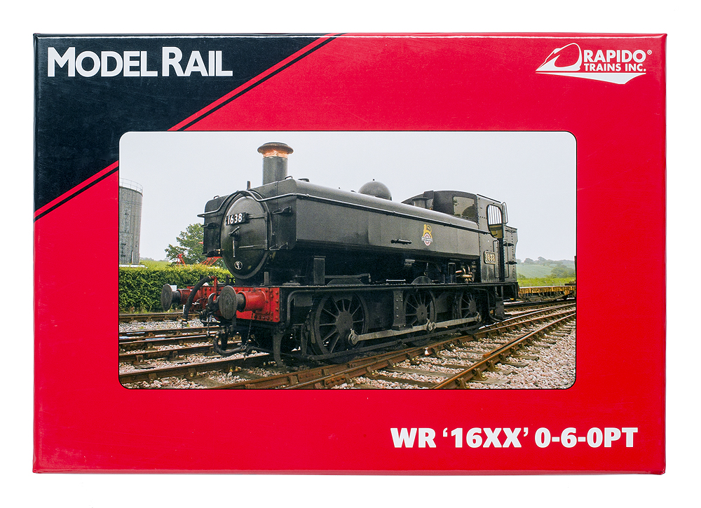 Box lid showing actual 16XX 0-6-0PT steam locomotive no. 1638 in service on British Railways