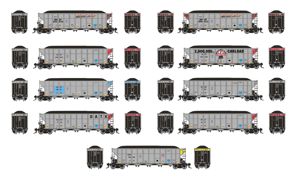 Rapido AutoFlood III coal hoppers in varying paint schemes.