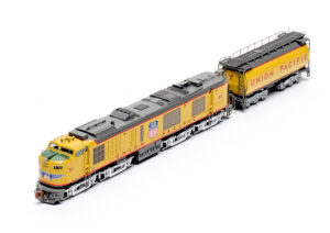 Top three-quarter view of ScaleTrains.com N scale Union Pacific gas turbine locomotive with tender