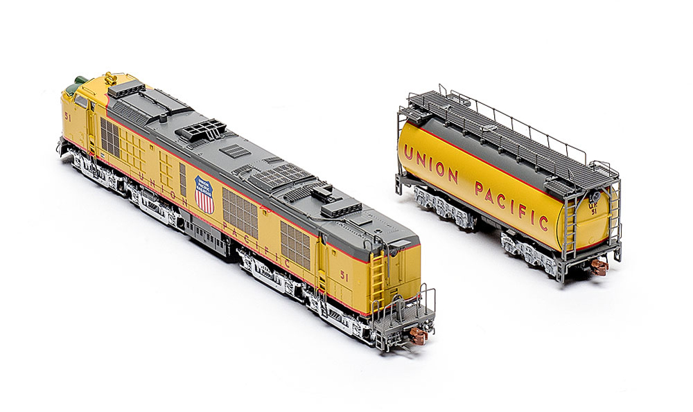 Rear three-quarter view of ScaleTrains.com N scale Union Pacific standard turbine and tender