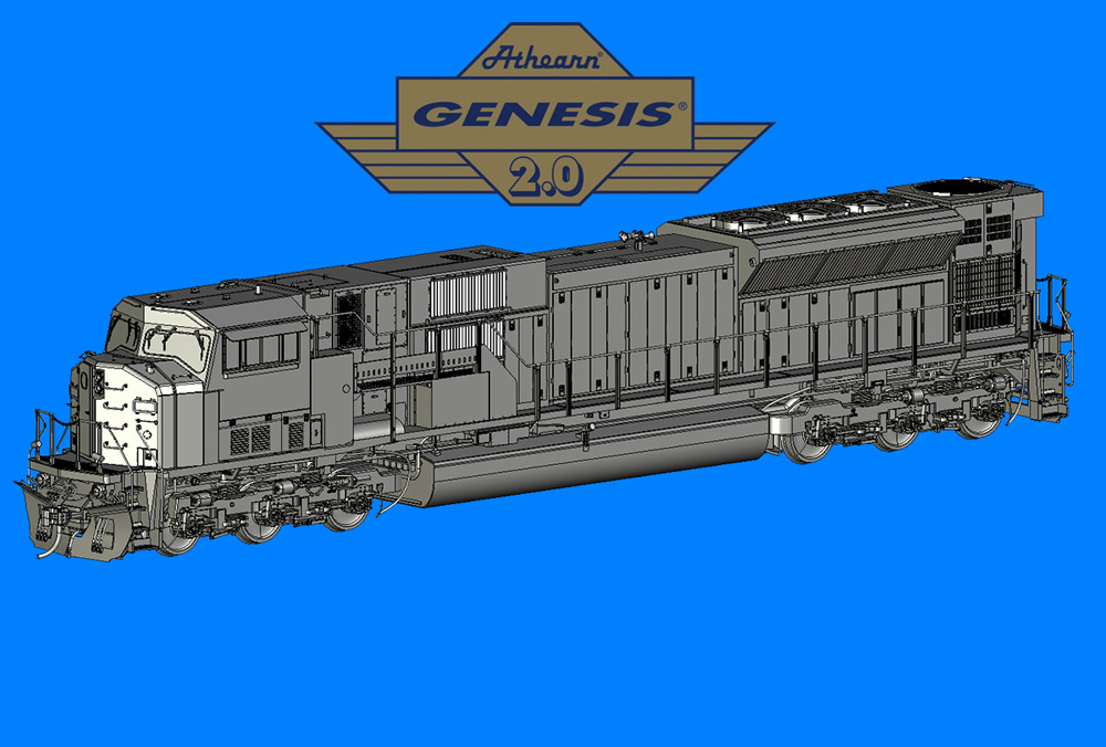 Computer rendering of an HO scale Electro-Motive Division SD90MAC diesel locomotive