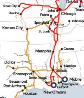 Map showing portion of CN-KCS system with Amtrak service