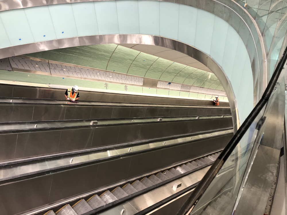 Overhead view of escalators