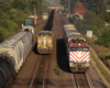 Two freight trains meet a commuter train.