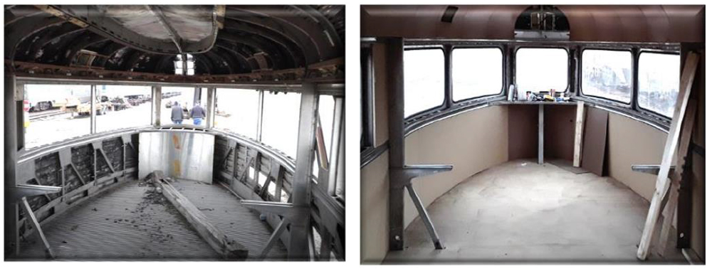 Views of round-end observation car before and during restoration.