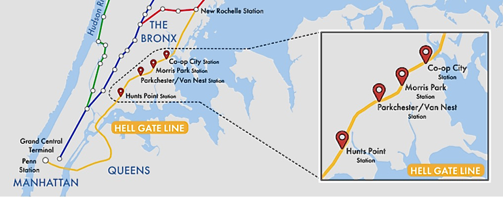 Map showing location of new Metro-North stations in the Bronx