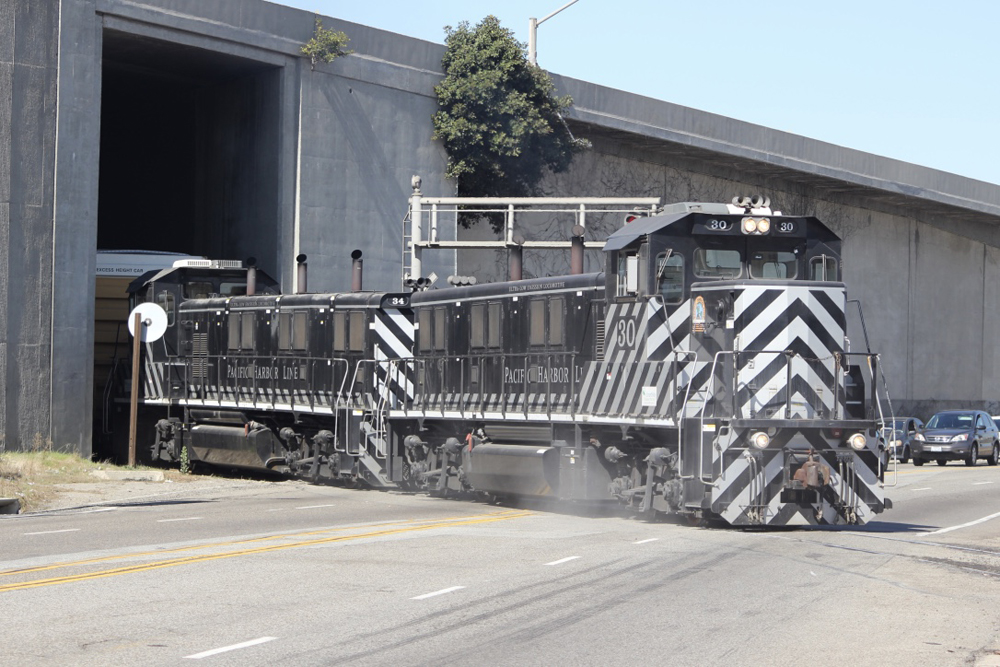 Black locomotives with white zebra striping