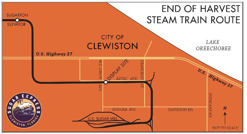 Map showing route of U.S. Sugar train with steam engine