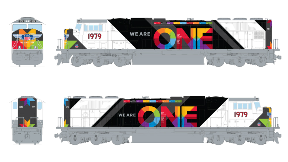 Diagram of multicolored locomotive with "We Are One" slogan
