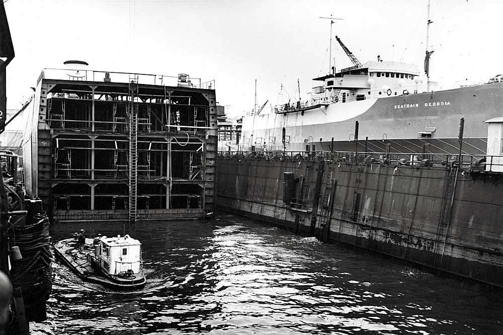 Cross section of railroad car-hauling boat