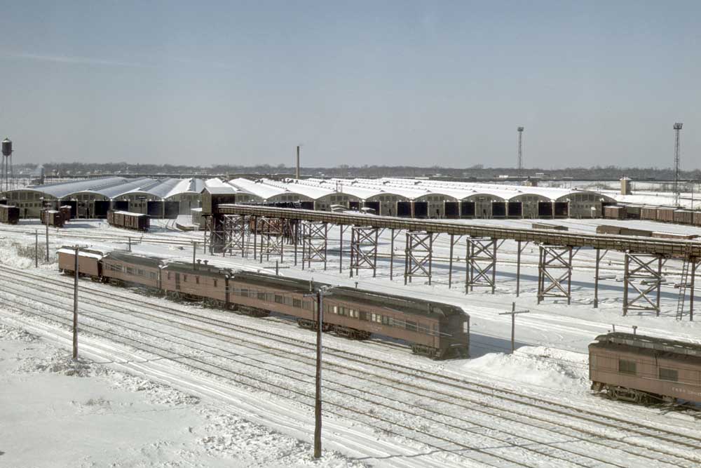 Snow-covered rail yard at freight house
