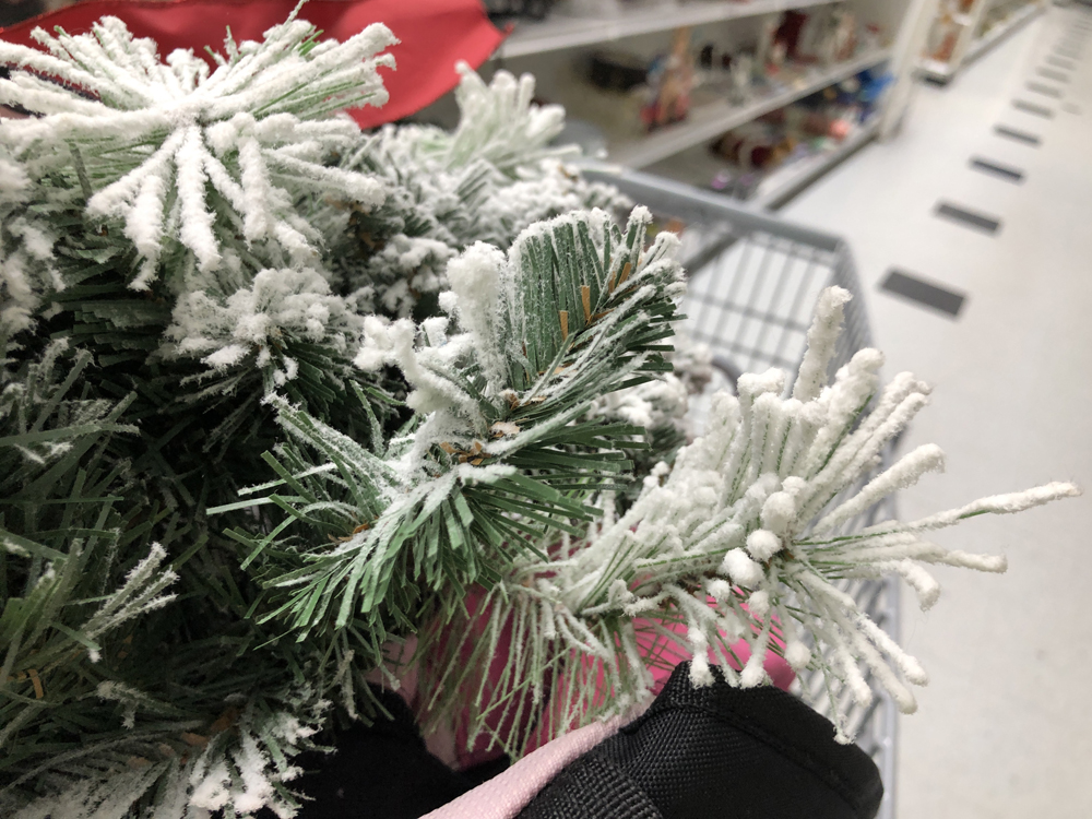 Closeup of a flocked Christmas wreath