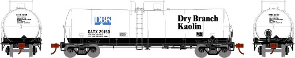 Athearn HO scale Ready-to-Roll Dry Branch Kaolin 16,000-gallon clay slurry tank car no. 29150.