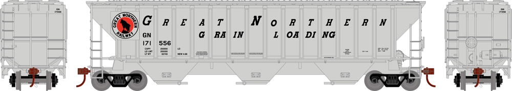 Athearn HO scale Ready-to-Roll Great Northern Pullman-Standard 4,740-cubic-foot capacity three-bay covered hopper no. 171556.