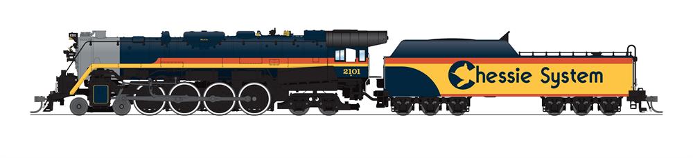 Broadway Limited Imports HO scale Chessie System Reading Co. T-1 4-8-4 steam locomotive no. 2101.