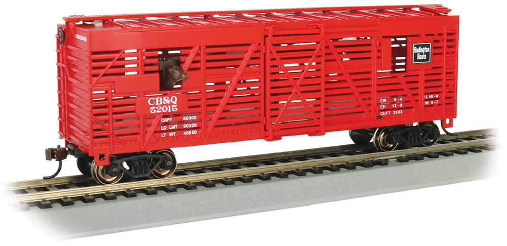 Bachmann HO scale Chicago, Burlington & Quincy 40-foot stockcar with animated cattle heads no. 52015.