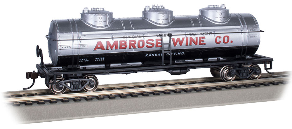 Bachmann HO scale Ambrose Wine Co. three-dome tank car no. 7501.