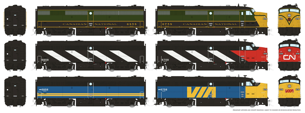 Montreal Locomotive Works FPA-2 and FPB-2 in three paint schemes