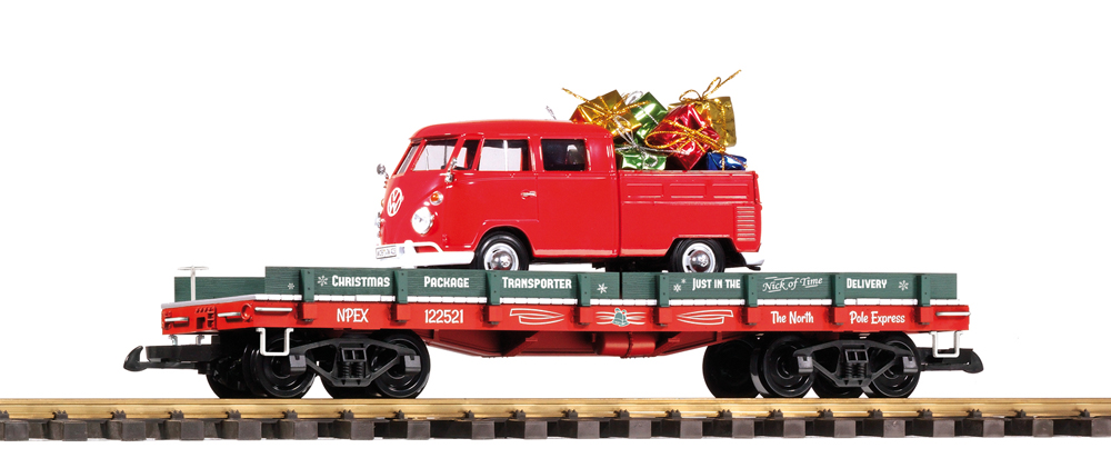 PIKO America Christmas Package Transporter flatcar with VW Kombi load.