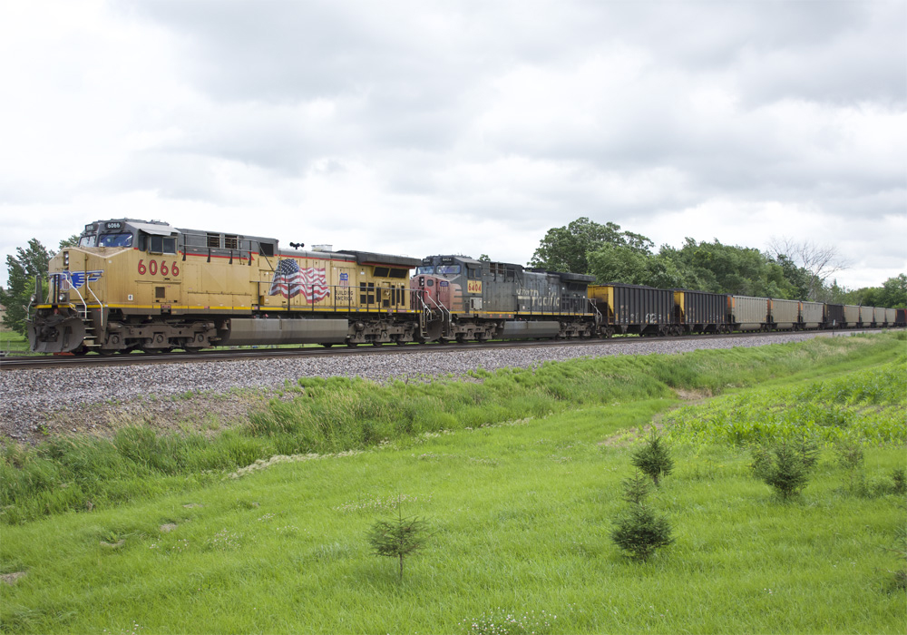 Two Union Pacific diesels lead a unit train of rotary-dump coal gondolas