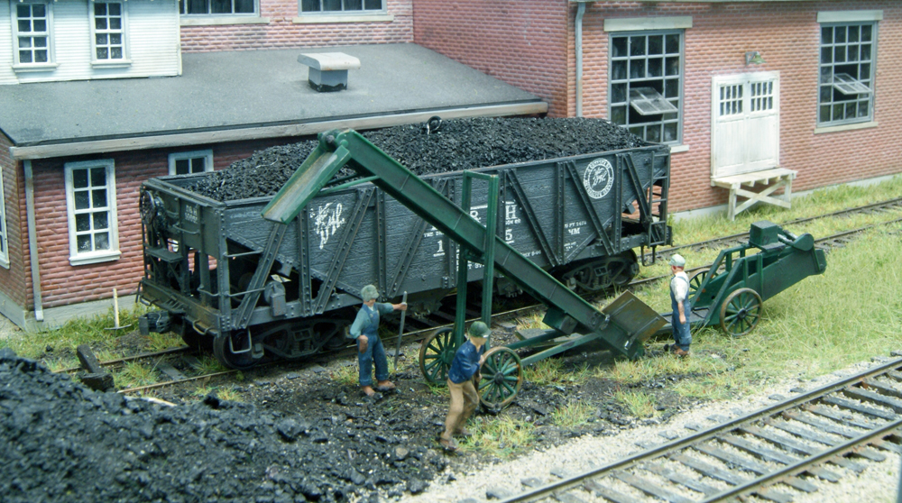 Figures near a model hopper car