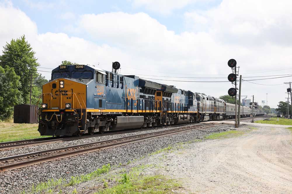 Modern diesel powered passenger train between two signals