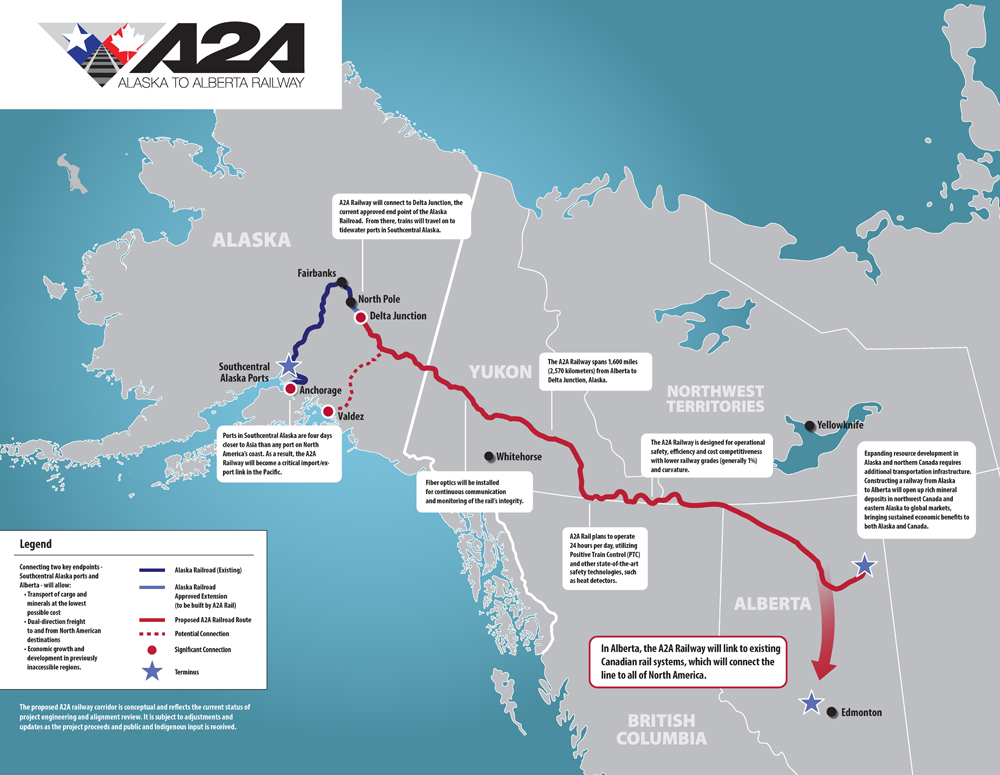 Map showing proposed rail line linking Northern Alberta to Alaska