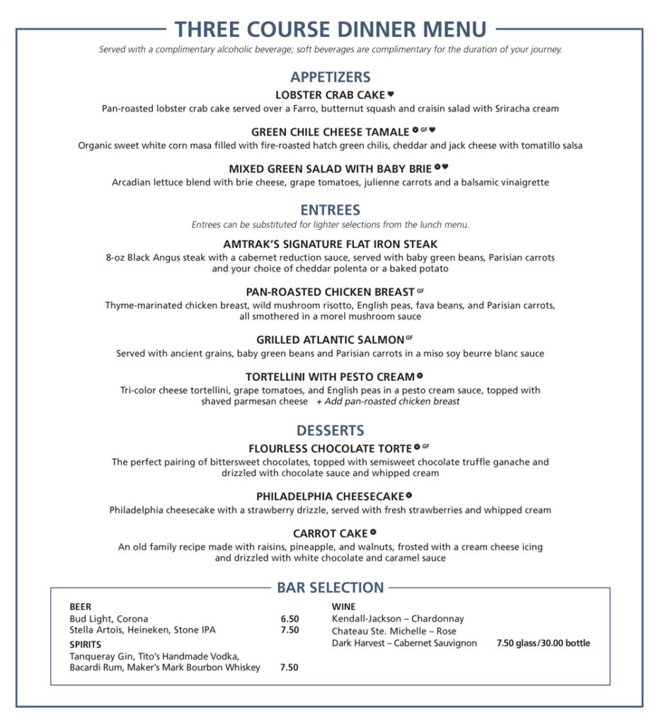 Amtrak South West Chief Menu