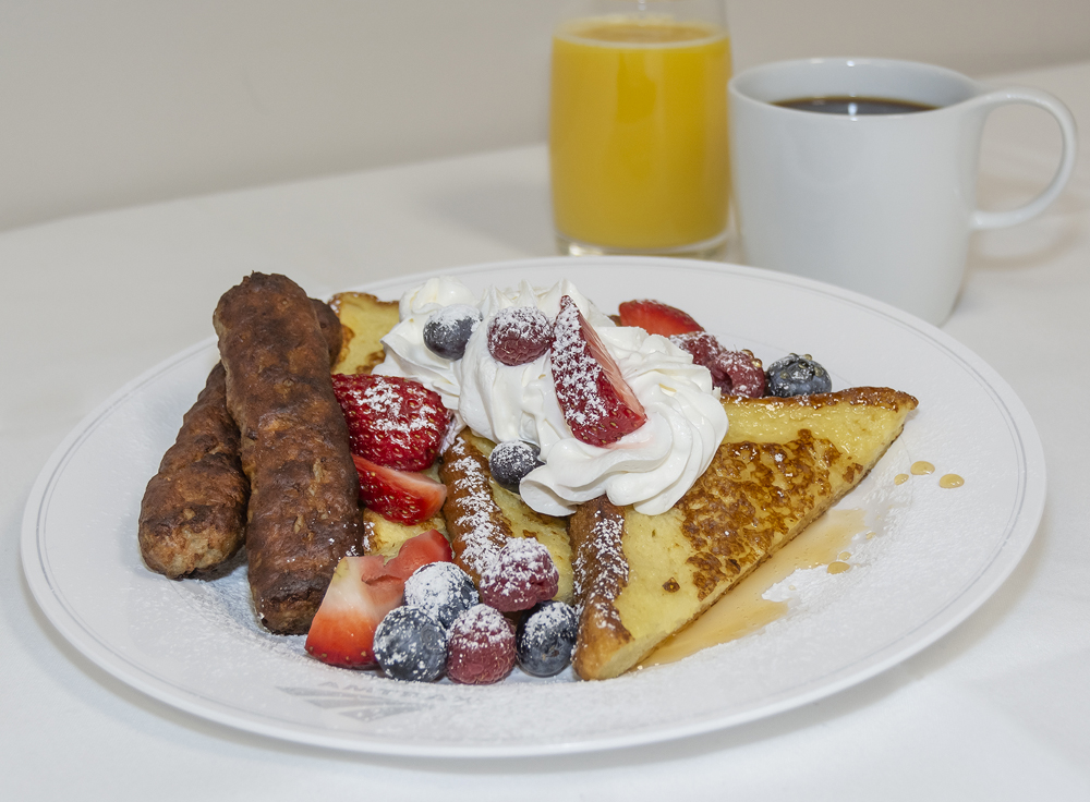 French toast with fruit and sausage