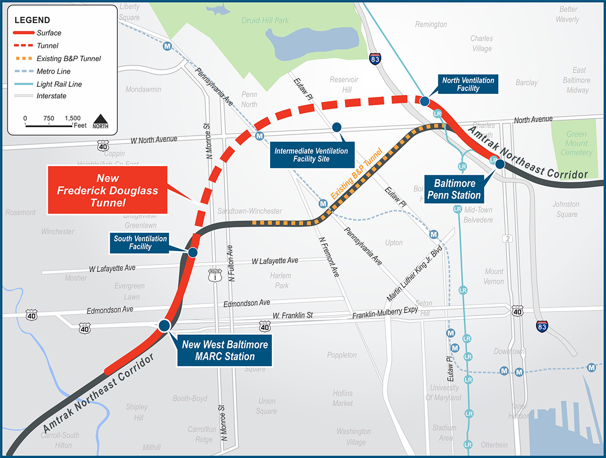 Map showing routes of current B&P tunnel and its planned replacement