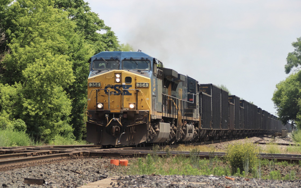 Blue and yellow locomotives llead train of hopper cars