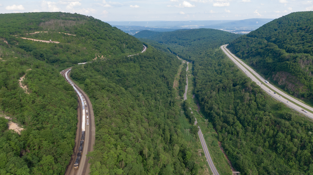 Aerial view of stopped train after derailment