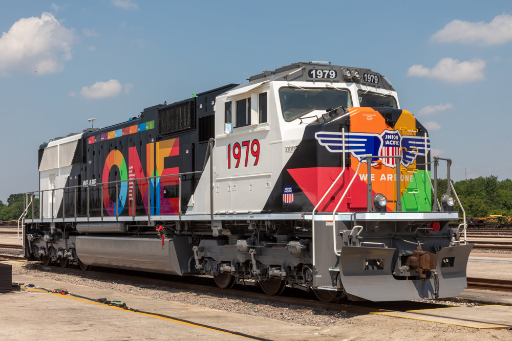 Multicolored Union Pacific locomotive