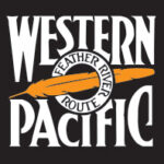 Western Pacific “feather” emblem. In black and white reverse text with a golden yellow feather.