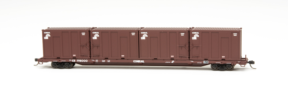 Conrail 85-foot trash flatcar with municipal solid waste containers.