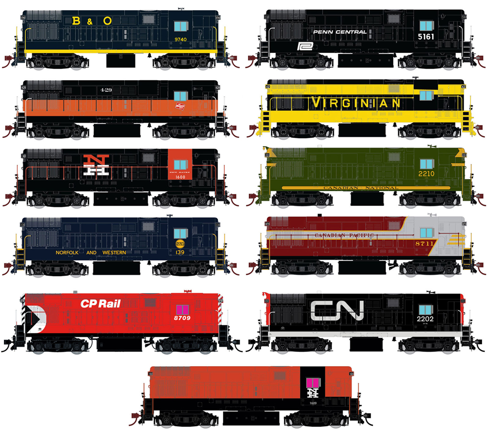 Artwork of Fairbanks-Morse H16-144 diesel locomotive in several paint schemes.