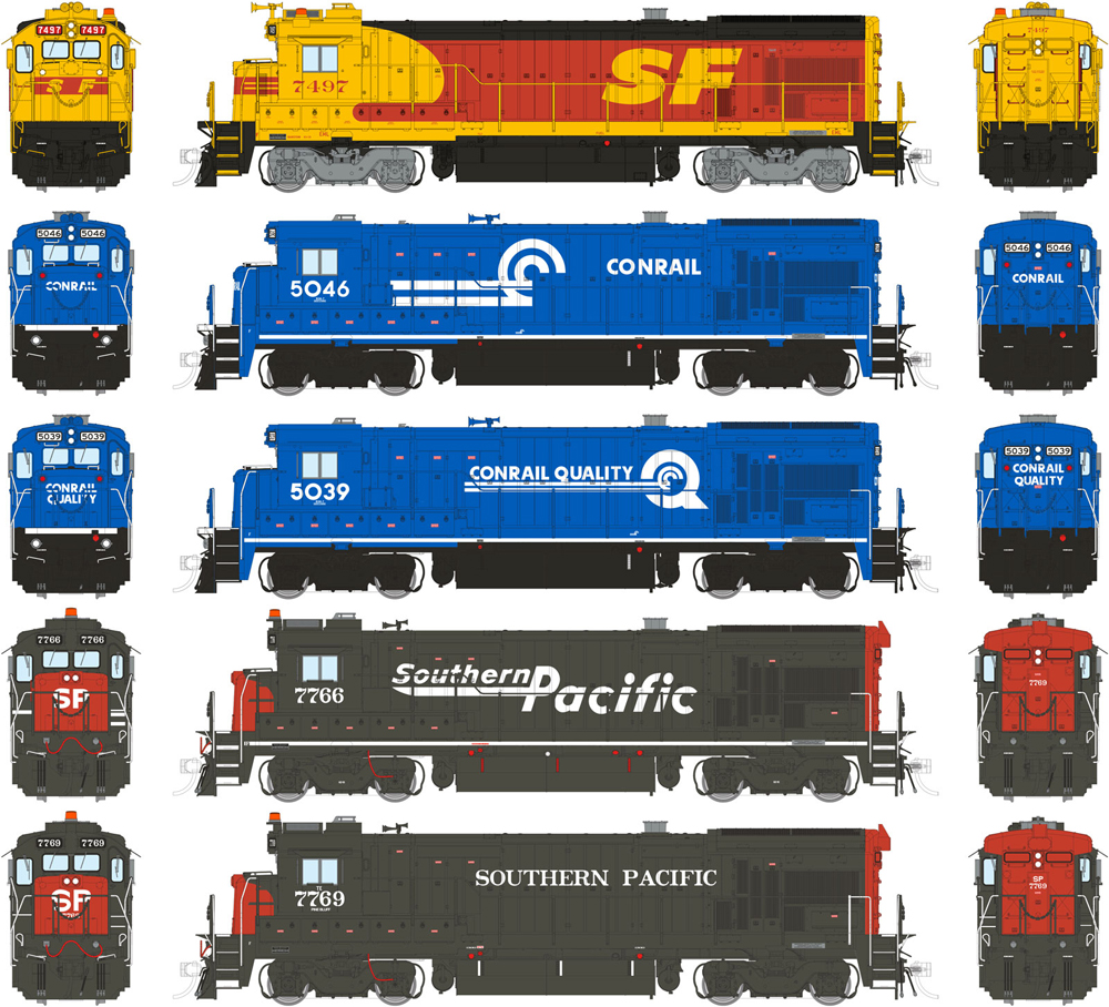 General Electric B36-7 diesel locomotives in varying paint schemes.