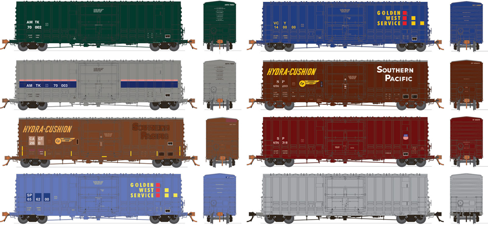 Rapido Trains PC&F B-100-40 boxcars in varying paint schemes..