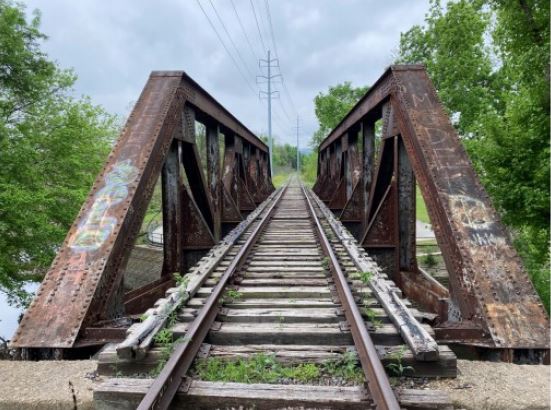 View down through truss bridge