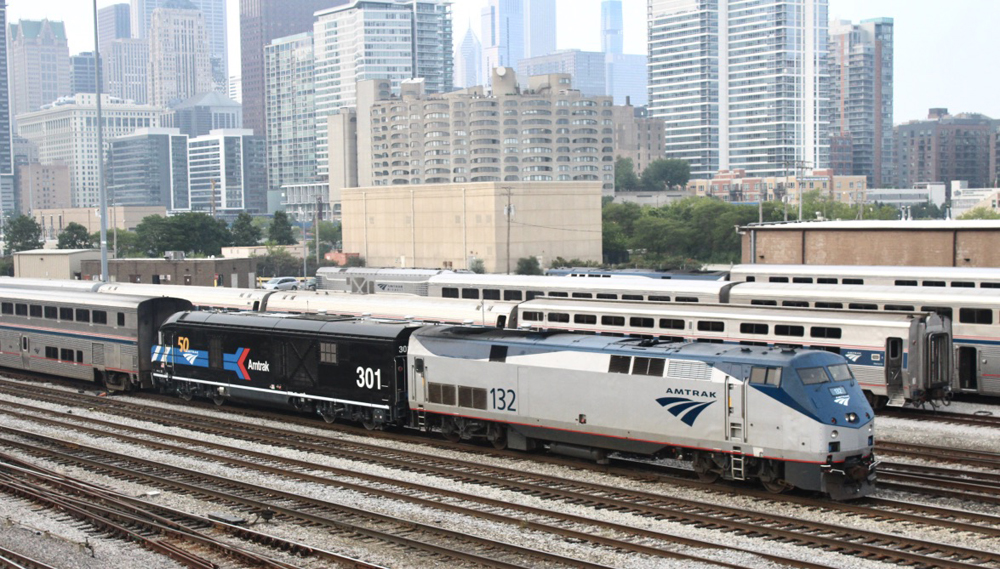 Close-up view of two locomotives on passenger train