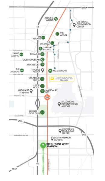 Map showing location of planned Brightline West Las Vegas station