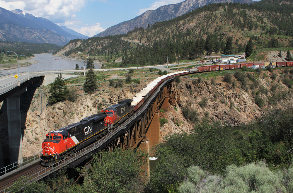 Train with red and black locomotives crosses cruved trestle