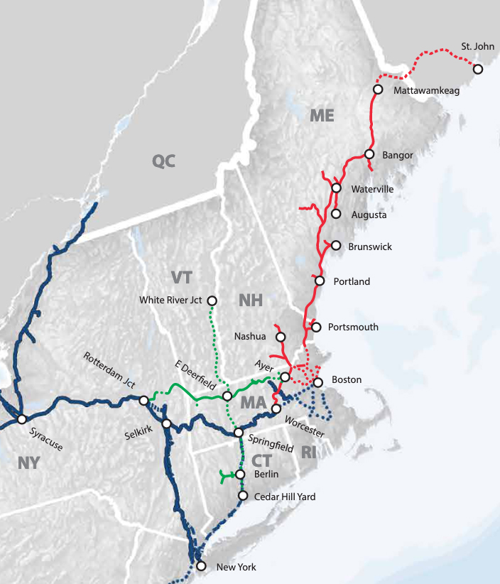 Map showing Pan Am Railways, Pan Am Southern, and northernmost portion of CSX Transportation