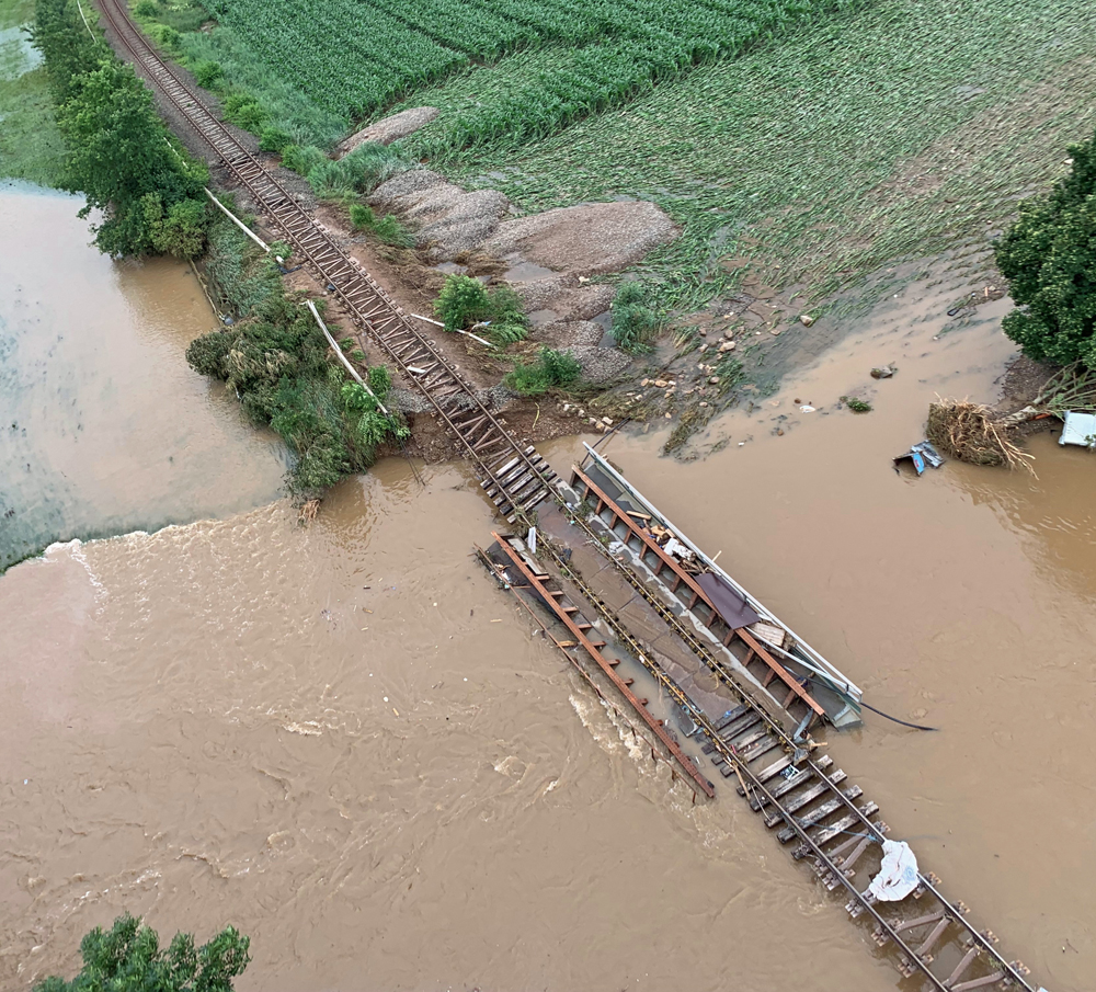 A damaged rail bridge in the Ahr River valley, as seen from a drone (Courtesy Deutsche Bahn, Alexander Menk)