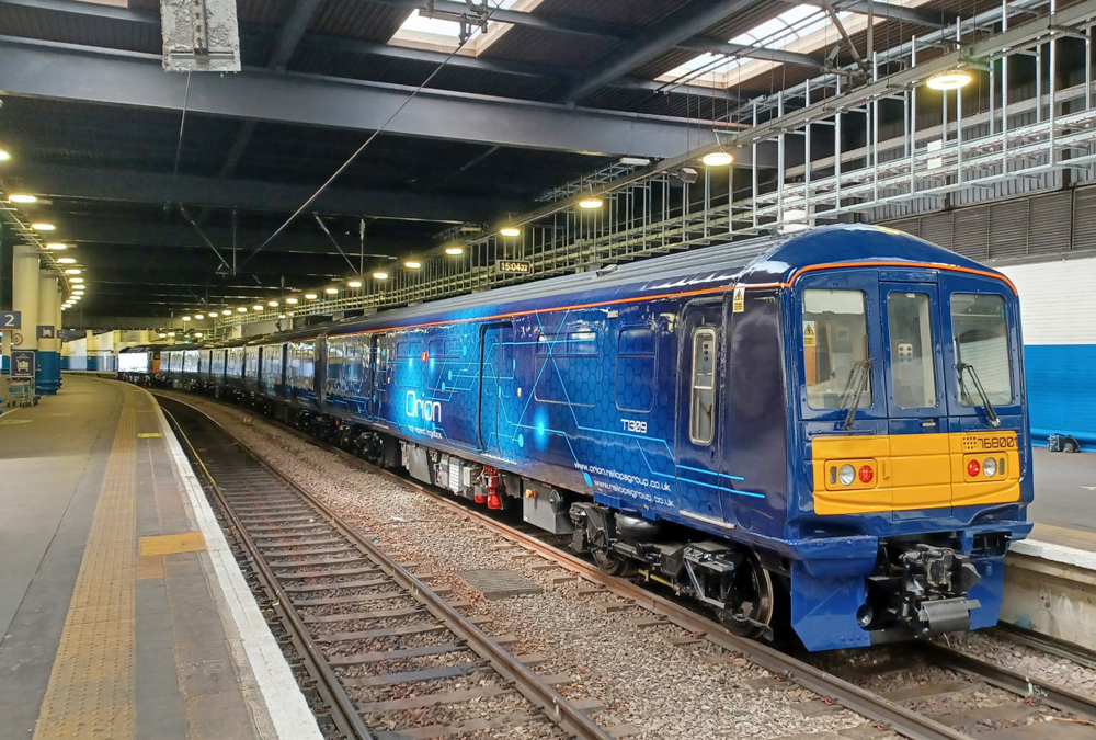 Blue passenger train converted for freight use