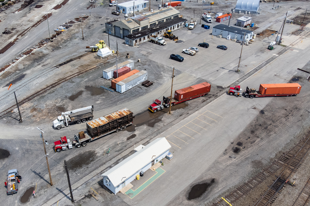 Aerial view of truck carring boxcar