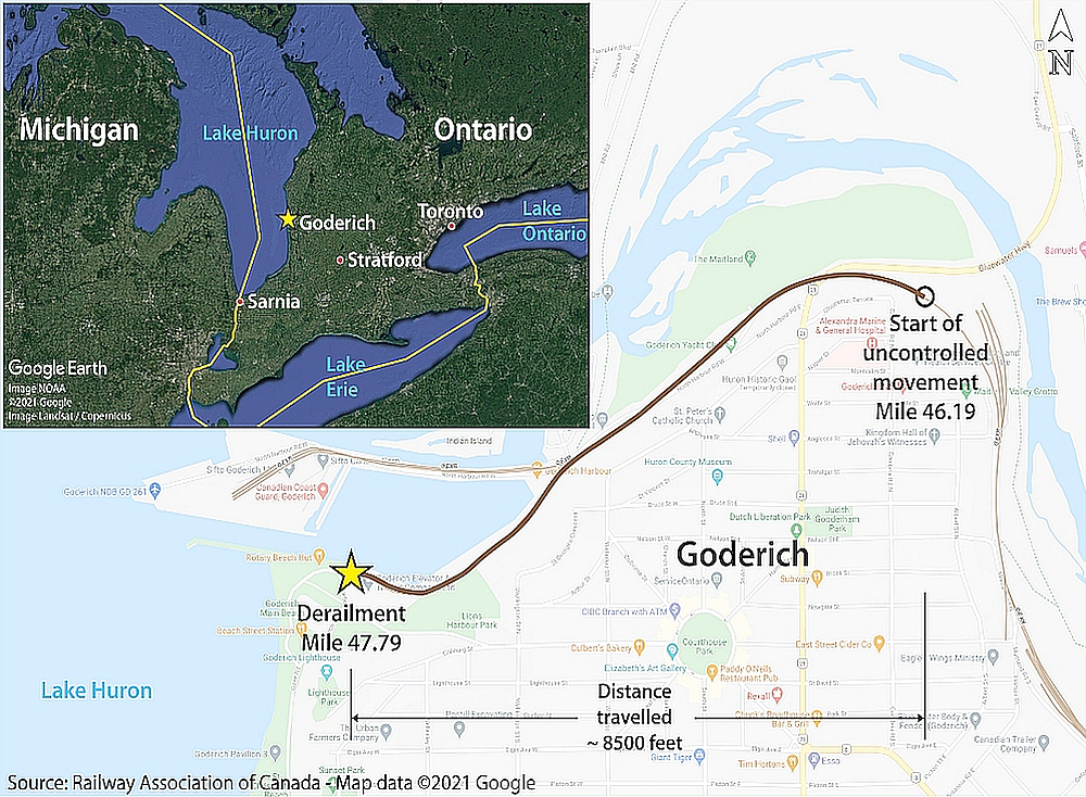 Maps showing location of Goderich, Ontario, and path of runaway train