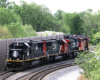 Long string of locomotives led by solid black engine passes through S curve